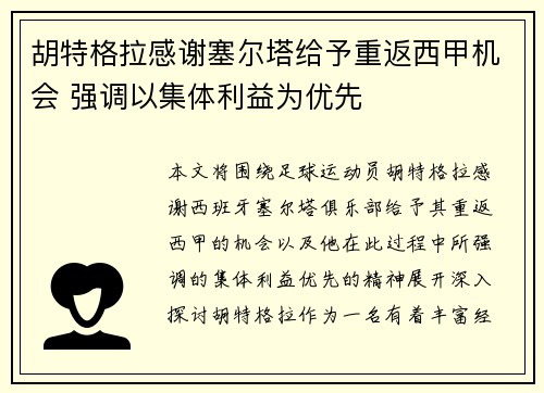 胡特格拉感谢塞尔塔给予重返西甲机会 强调以集体利益为优先