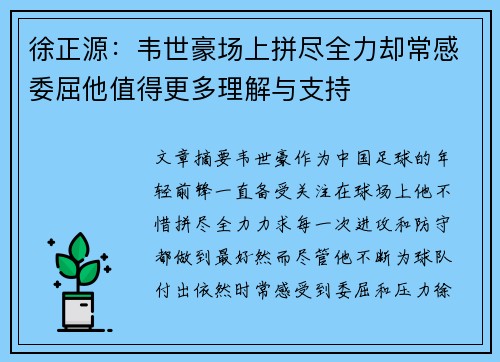 徐正源：韦世豪场上拼尽全力却常感委屈他值得更多理解与支持