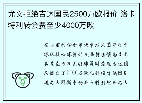 尤文拒绝吉达国民2500万欧报价 洛卡特利转会费至少4000万欧